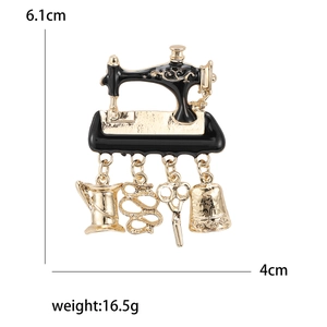 Vintage alloy sewing machine brooch with dangling scissors and thimble charms