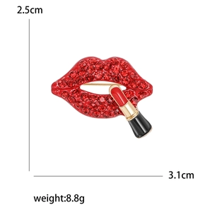 Lipstick and red rhinestone lip brooch, fashion jewelry accessory, 3.1cm width, 8.8g
