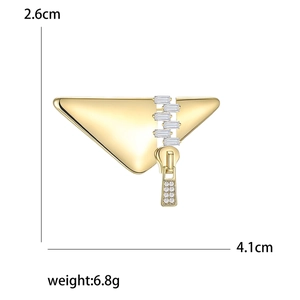 Golden minimalist triangle brooch with crystal zipper detail, 4.1cm x 2.6cm accessory