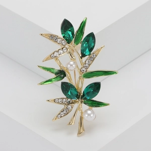 Élégante Broche en Bambou de Style Chinois Alliage Cristal Vert Fausse Künstliche Perle Épingle de Plante pour Femmes Hommes Bijoux de Banquet