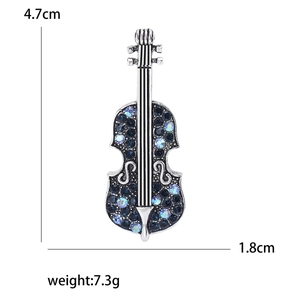 Vintage violin brooch with blue rhinestones in silver finish, 4.7cm x 1.8cm size