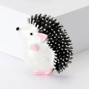Cute enamel hedgehog brooch pin in white and silver finish for fashion clothing accessory