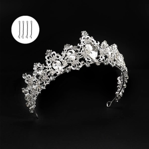 Detailed close-up of luxury bridal tiara with sparkling crystals and four hair pins