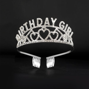 Elegant silver Birthday Girl crystal tiara with heart accents and side hair combs for party
