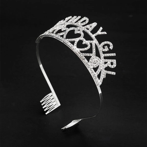 Sparkling silver rhinestone Birthday Girl crown headband with heart motifs and hair combs