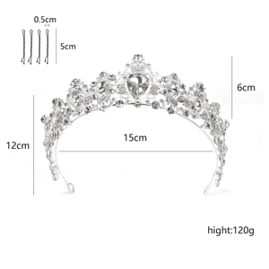 Elegant bridal silver rhinestone tiara with heart crystal and U-shaped hair pins