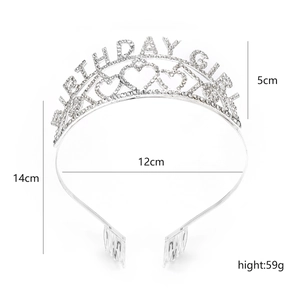 Silver birthday girl crown headband with rhinestones and heart design on white background