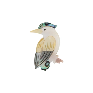 Artistic kingfisher brooch made of natural mother of pearl shell with iridescent plumage