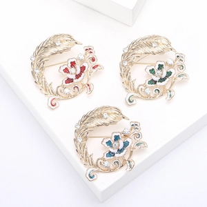 Broche Vintage en Alliage Fleur de Plume Élégante Émail Goutte d'Huile Épingle en Strass pour Femmes Costume Manteau Bijoux