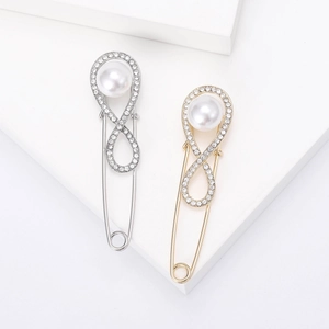 Elegant Alloy Rhinestone Infinity Safety Pin Brooch With Faux Artificial Pearl For Women Office Cardigan Fixed Decorative Jewelry