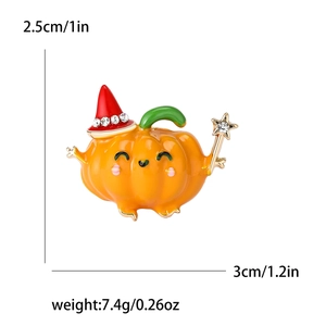 Cute Halloween pumpkin brooch with wizard hat and magic wand, dimensions 3x2.5cm