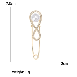 Minimalist gold safety pin brooch with white faux pearl and crystal infinity design 7.8cm