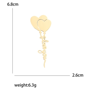 Golden heart balloon brooch with I Love You script, 6.8x2.6cm stainless steel pin