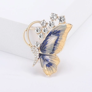 Fashionable alloy butterfly brooch with blue and yellow enamel and sparkling rhinestones