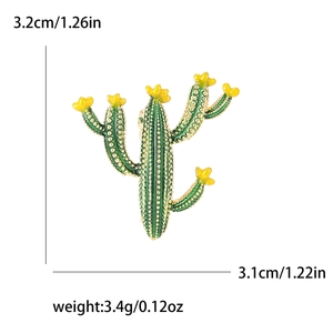 Broche cactus verte à fleurs jaunes avec dimensions détaillées sur fond blanc uni
