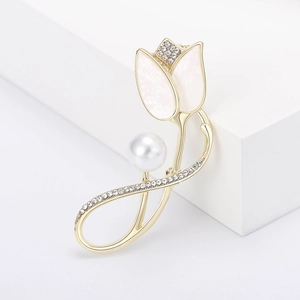 Elegant tulip flower brooch with gold alloy, white shell petals and a large round pearl