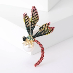 Élégante Broche Libellule en Alliage Plaqué Or avec Strass Colorés et Grande Künstliche Perle de Culture pour Femme Bijoux de Mode