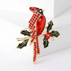 Broche Oiseau Cardinal Rouge Mode Émail Feuille De Houx Strass Épingles Animaux Noël Alliage Bijoux Corsage Cadeau Femme