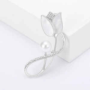 Elegant silver tulip brooch with rhinestone inlay and mother-of-pearl leaves for women