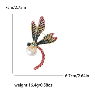 Élégante broche libellule avec strass colorés et perle blanche sur base en alliage