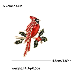 Broche oiseau cardinal rouge en émail avec strass et feuilles de houx, taille 6,2 cm