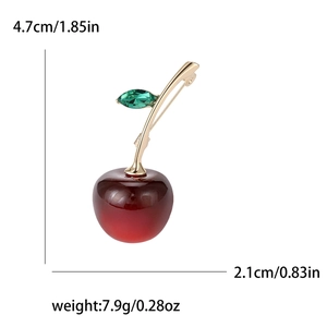 Spilla a forma di ciliegia con frutti rossi e gambo dorato, misura 4,7 cm x 2,1 cm