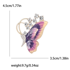 Fashion alloy butterfly brooch with purple enamel and zircons, 4.5cm height dimension