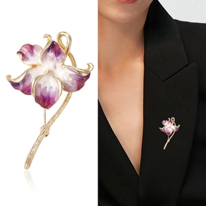 Exquisite orchid enamel brooch with purple gradient petals and golden metal stem
