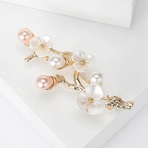 Elegant gold flower branch brooch with white resin petals and pink imitation pearls for dresses