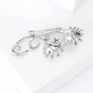Detailed back view of a silver sunflower brooch showing the secure safety pin clasp