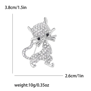 Handmade silver cat brooch with white rhinestones, size 3.8cm by 2.6cm dimensions