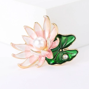 Broche Élégante Fleur de Lotus en Émail Rose Dégradé Alliage Florale Avec Fausse Künstliche Perle Strass pour Vêtements Femme