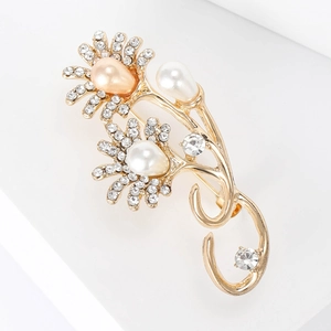 Elegant sunflower floral brooch with gold base, white rhinestones and pearl accents