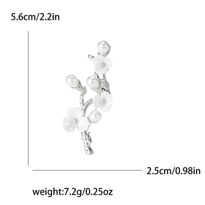 Elegant silver peach blossom branch brooch with white pearls and frosted petals