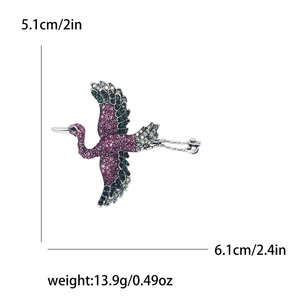 Elegant crane brooch with colorful rhinestones in silver alloy, 5.1cm by 6.1cm size