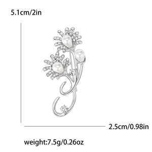 Elegant silver sunflower brooch with pearls and rhinestones showing size measurements