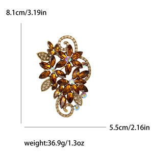 Elegant amber crystal flower brooch in gold alloy with clear rhinestones and dimensions
