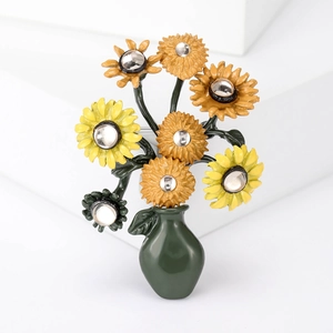 Vintage Van Gogh Style Sunflower In Vase Brooch For Women Alloy Enamel Drip Oil Rhinestone Floral Pin Accessory
