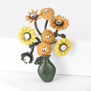 European vintage Van Gogh sunflower vase brooch with colorful enamel finish in golden frame