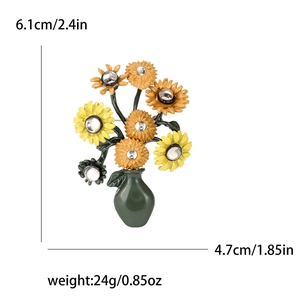 Vintage sunflower vase brooch with yellow crystals and precise size measurements