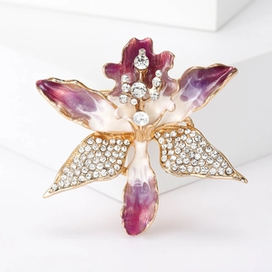 Elegant purple enamel orchid flower brooch with sparkling rhinestones and gold plating