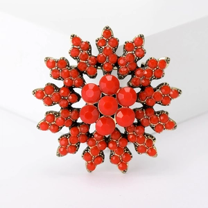 Baroque style vintage red flower brooch with antique gold finish and bead accents