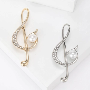 Elegante Spilla a Chiave di Violino in Lega Con Strass e Perla Artificial Simulata Distintivo Nota Musicale Per Abito Matrimonio Gioielli
