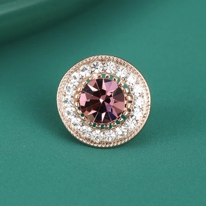 Detailed macro view of an elegant round brooch with purple gemstone and crystals