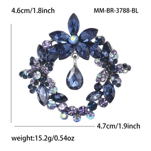 Elegant crystal wreath brooch with blue and purple stones for coats and blazers