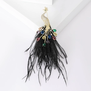 Detailed close-up of peacock brooch with colorful crystals and black feather plume