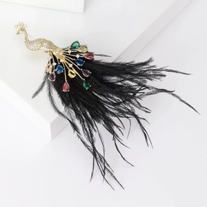Macro detail of a peacock brooch featuring sparkling rhinestones and black natural feathers