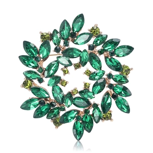 Elegant green crystal wreath brooch in gold finish with sparkling rhinestones decoration