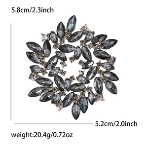 Elegant rhinestone flower wreath brooch featuring smoky grey marquise crystals and metal base