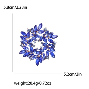 Elegant floral wreath brooch with blue rhinestones and gold alloy frame, 5.8cm height